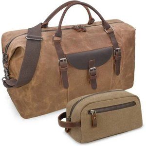 New Oversized Travel Duffel Bag Waterproof Canvas Genuine Leather, Coffee Brown